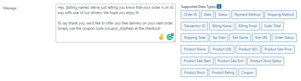 Add message content using plain text and WooCommerce data fields.