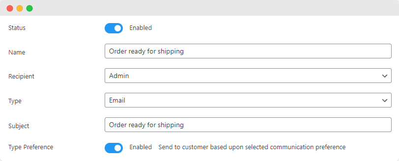 A custom email notification informing the store admin that an order is ready to be shipped.