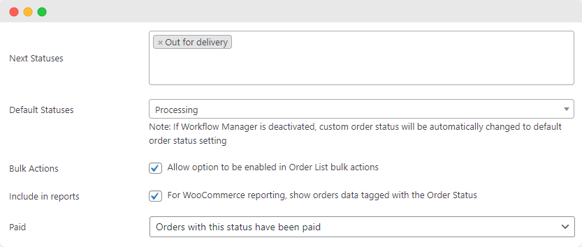 Configure the next statuses, bulk actions, and reporting preferences for your new custom order status.