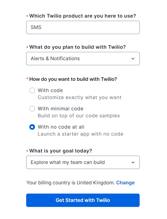 Choose your Twilio product and goal.