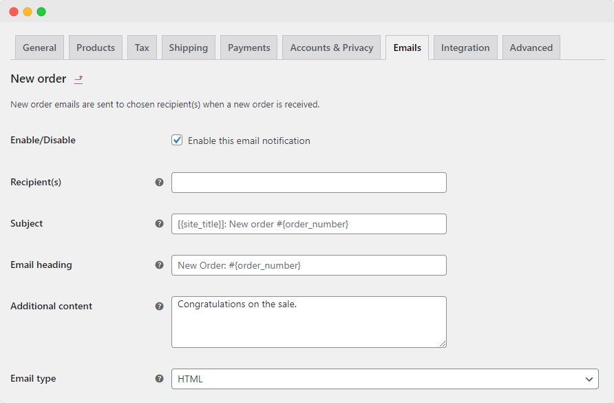 Enable new order emails in WooCommerce.