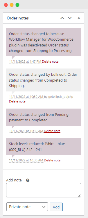Add a new order note in WooCommerce.