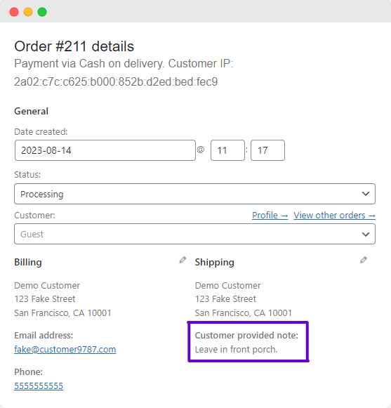 WooCommerce – customer order note.