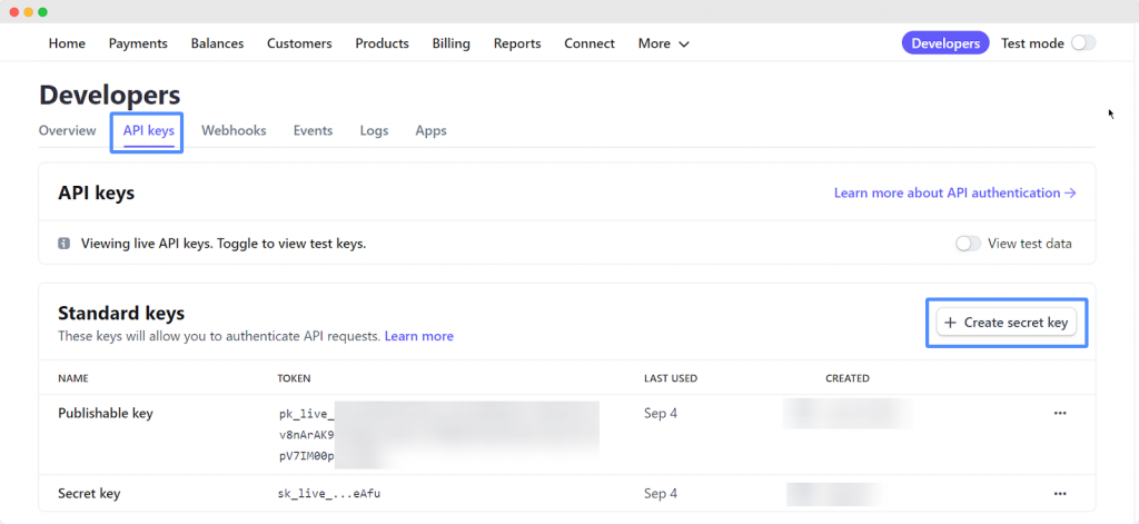 The “Developers” section of the Stripe account dashboard showing the “API keys” tab and the “Create secret key” button.