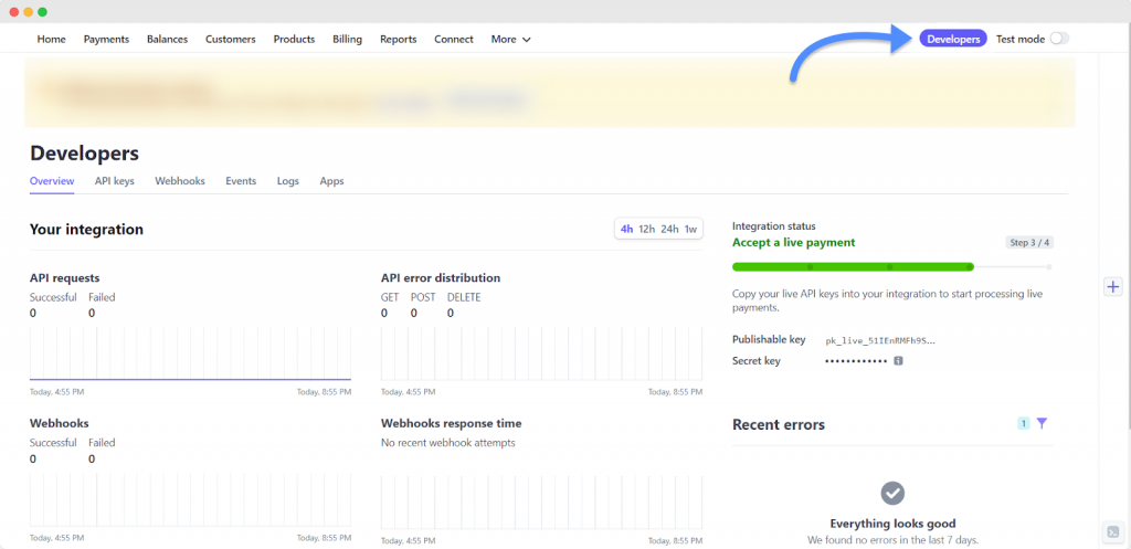 The “Developers” section of Stripe account dashboard for configuring and monitoring API integration.