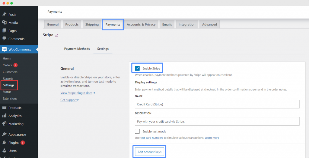 Stripe’s WooCommerce settings in WordPress showing how to enable Stripe and edit account keys for integration.