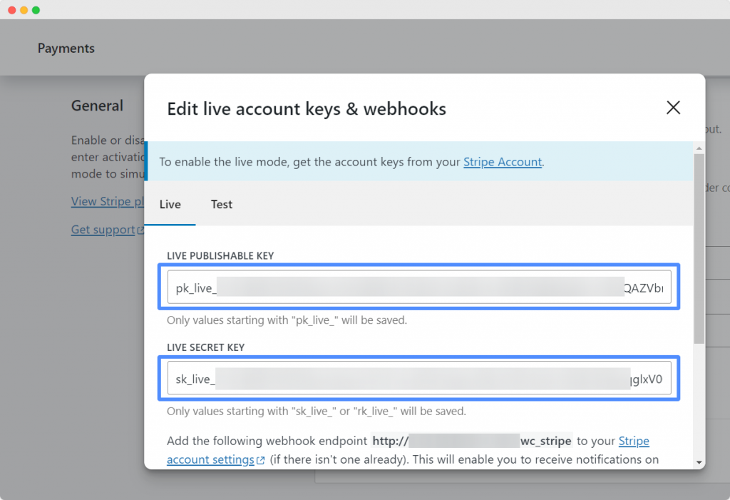 The “LIVE PUBLISHABLE KEY” and “LIVE SECRET KEY” input fields for saving Stripe’s account keys.