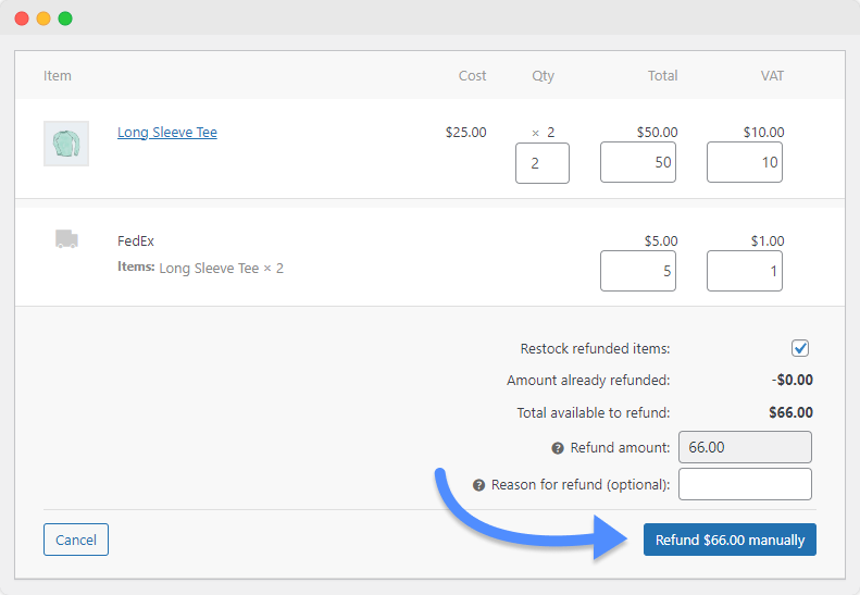 The order’s refund section showing the refund amount field and the refund amount button to complete the manual refund process.