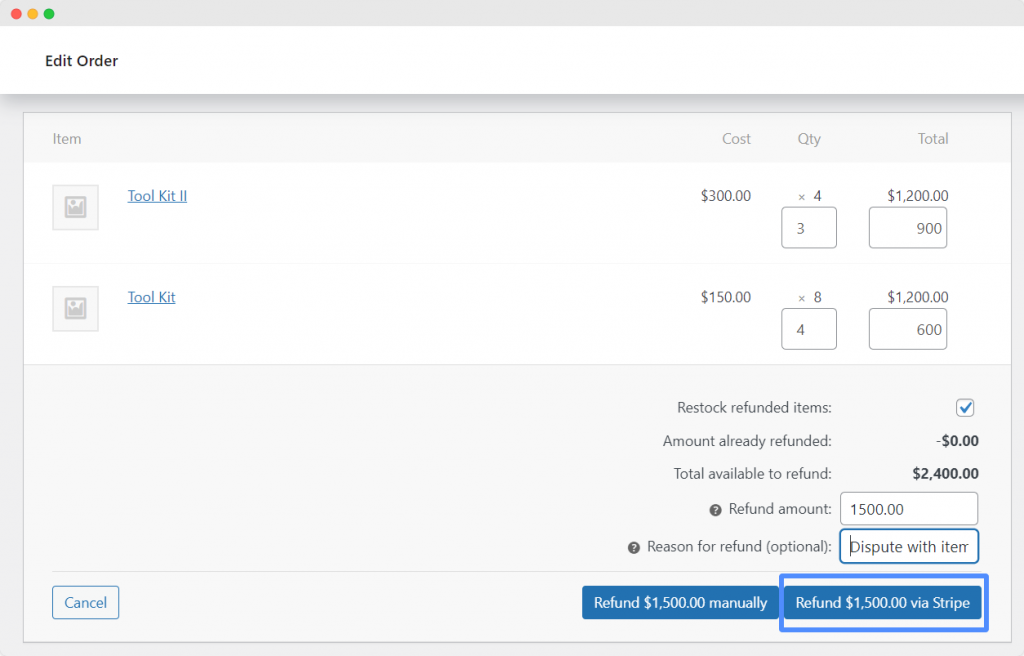 The order’s refund section showing the refund amount field and the refund specified amount button via Stripe to complete the refund process.