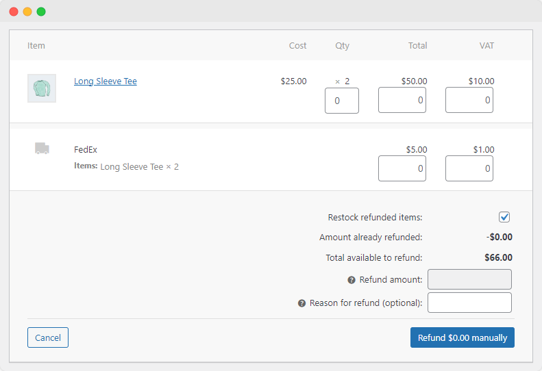 The WooCommerce refund screen with the option to set quantities and refund amounts.