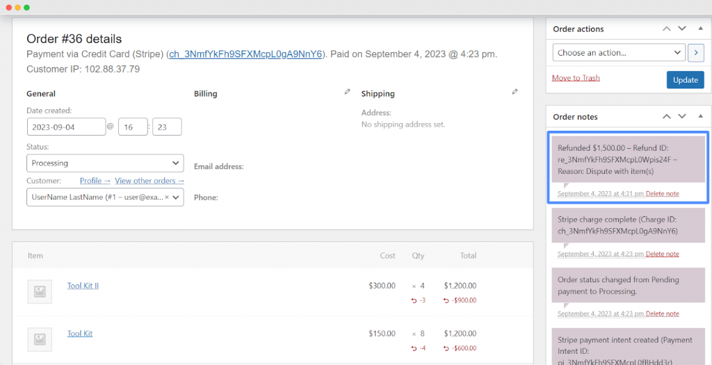 The order details section showing the automatic refund process is completed via the payment gateway.