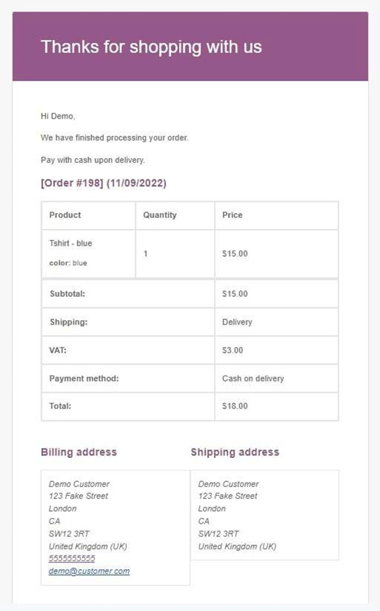 WooCommerce default completed order email notification