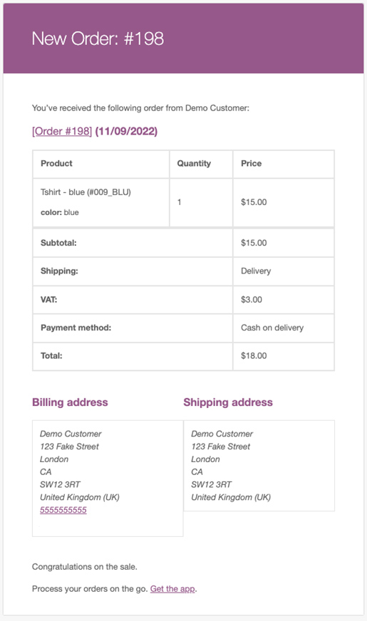 WooCommerce default new order email notification