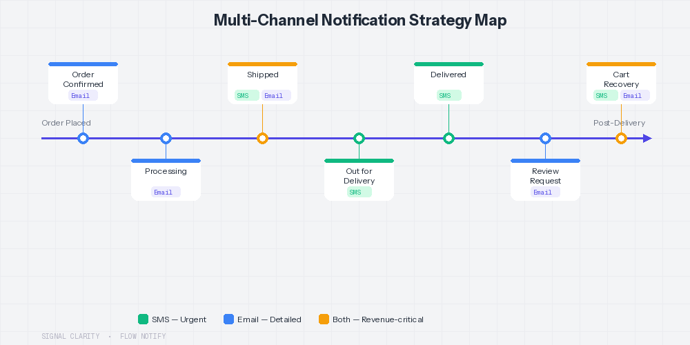 WooCommerce multi-channel notification strategy timeline showing Order Confirmed, Processing, Shipped, Out for Delivery, Delivered, Review Request, and Cart Recovery stages with SMS and Email channel assignments